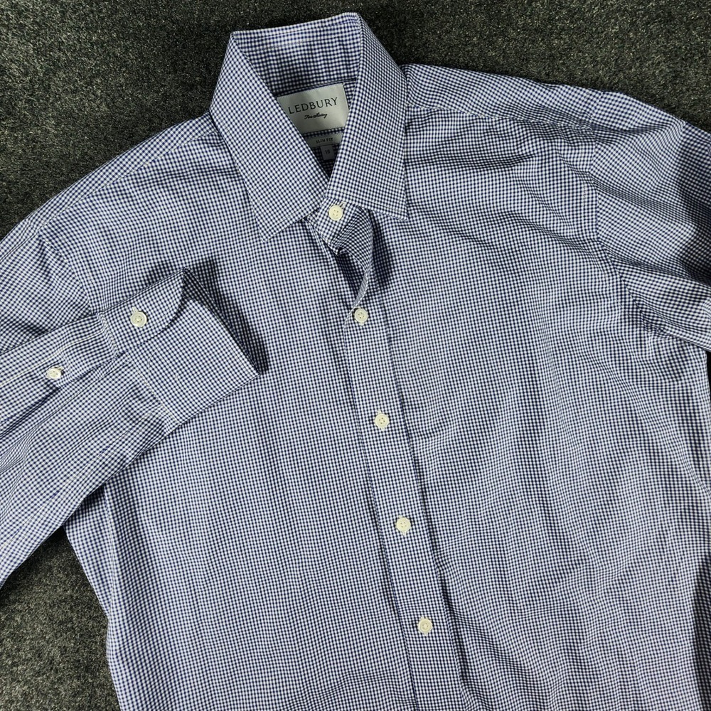 Ledbury Slim Fit Long Sleeve Dress Shirt Mens 16 Blue Gingham Cotton EUC